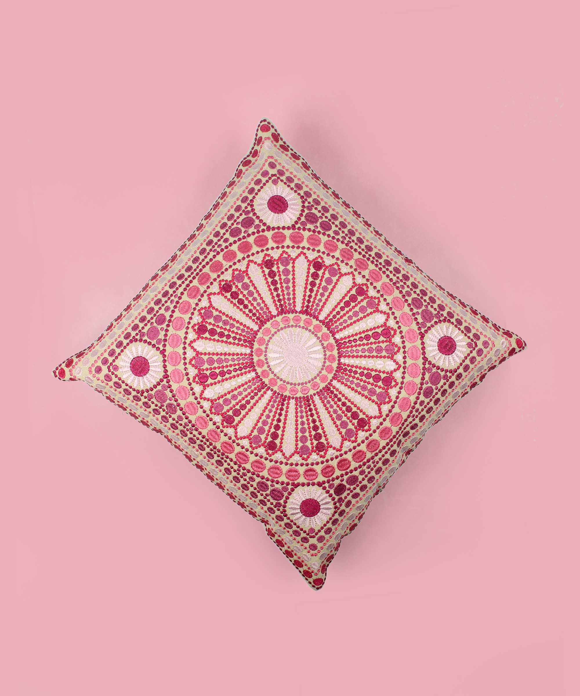Beige & Pink Dotted Mandala Cushion Cover