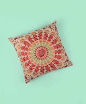 Handcrafted Cream Pillow Cover with Colorful Circular Floral Embroidery