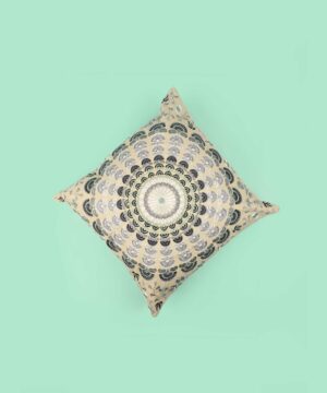 Cream Cotton Throw Pillow Cover with Slate Blue Sunburst Mandala Pattern