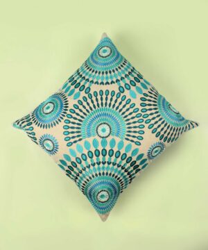 Cream Cotton Throw Pillow Cover with Peacock Teal Fan Pattern