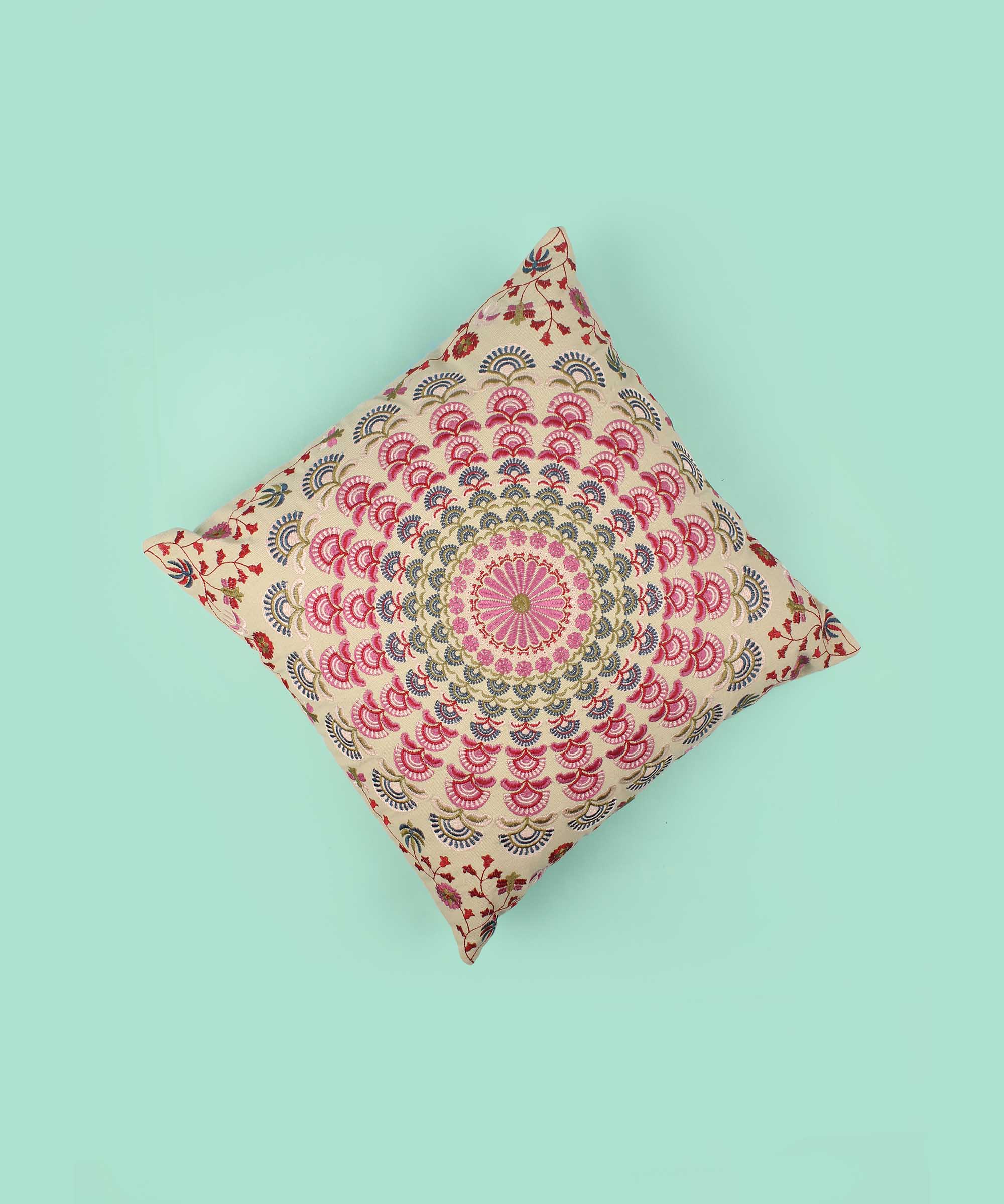 Beige Floral Mandala Embroidered Cotton Cushion Cover