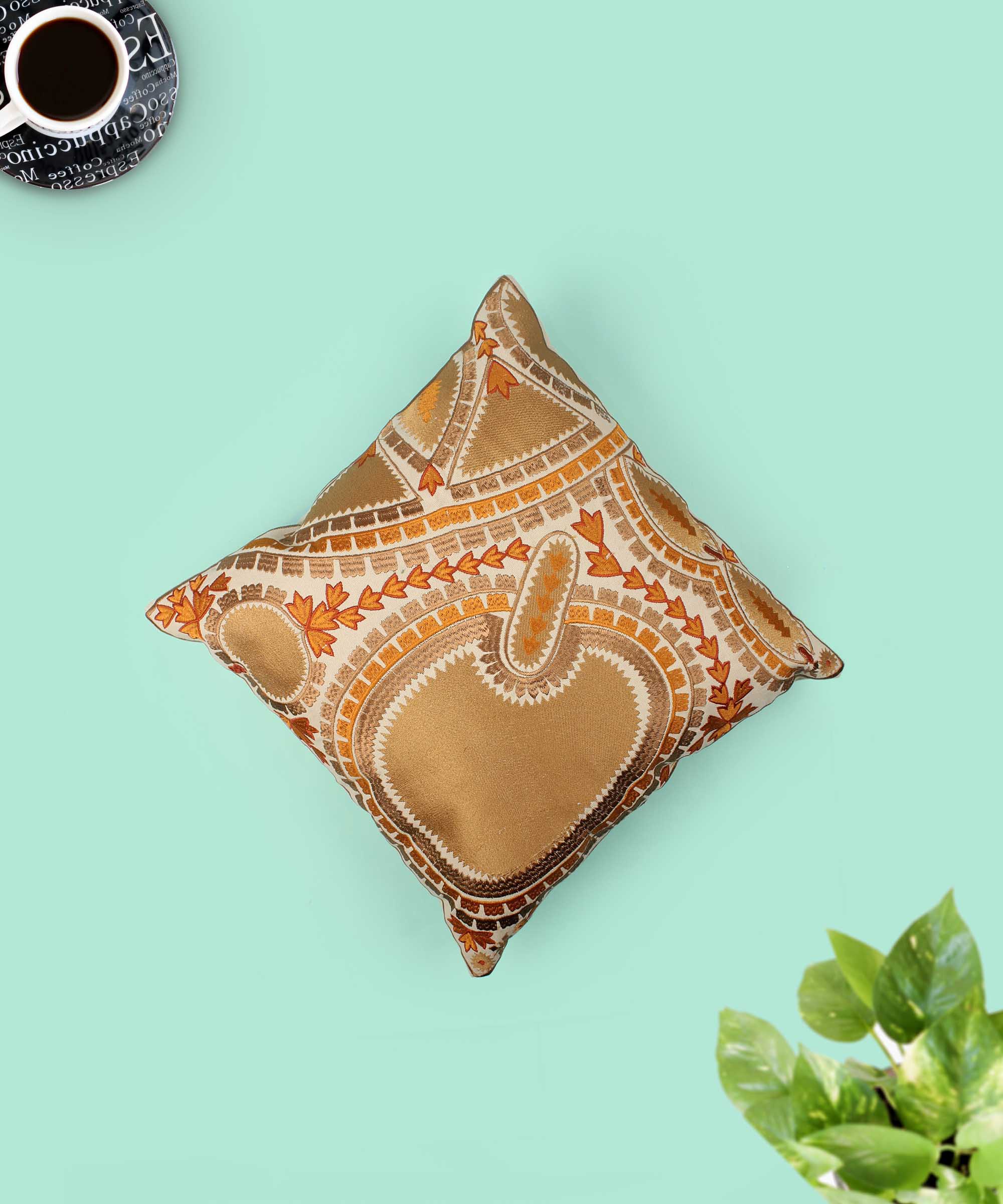 Beige & Brown Paisley Embroidered Cotton Cushion Cover