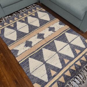 Navy Blue, Cream, and Tan Geometric Area Rug with Tassels