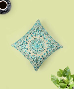 Beige & Turquoise Floral Embroidered Cotton Cushion Cover