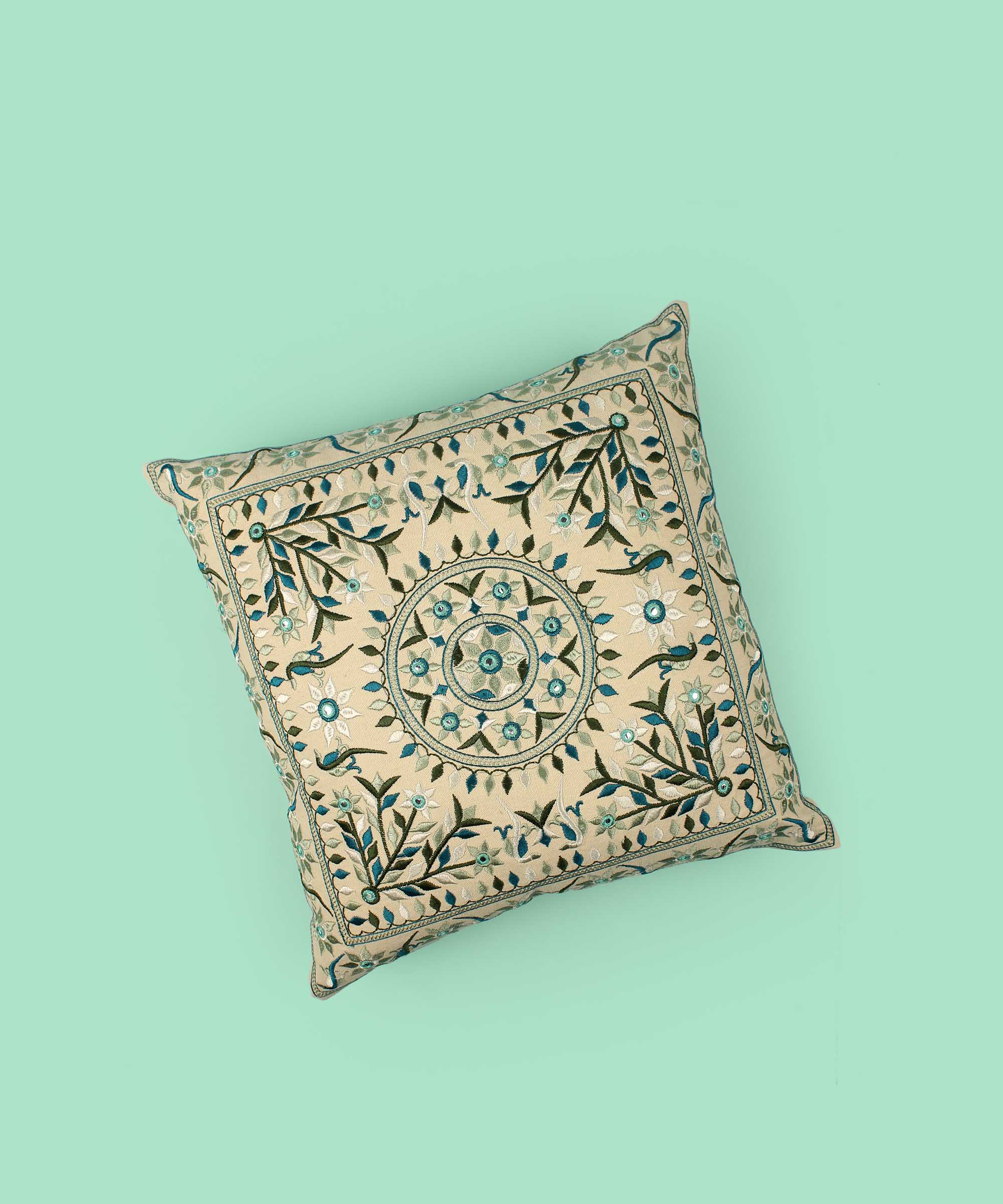 Beige & Blue Floral Mandala Embroidered Cotton Cushion Cover