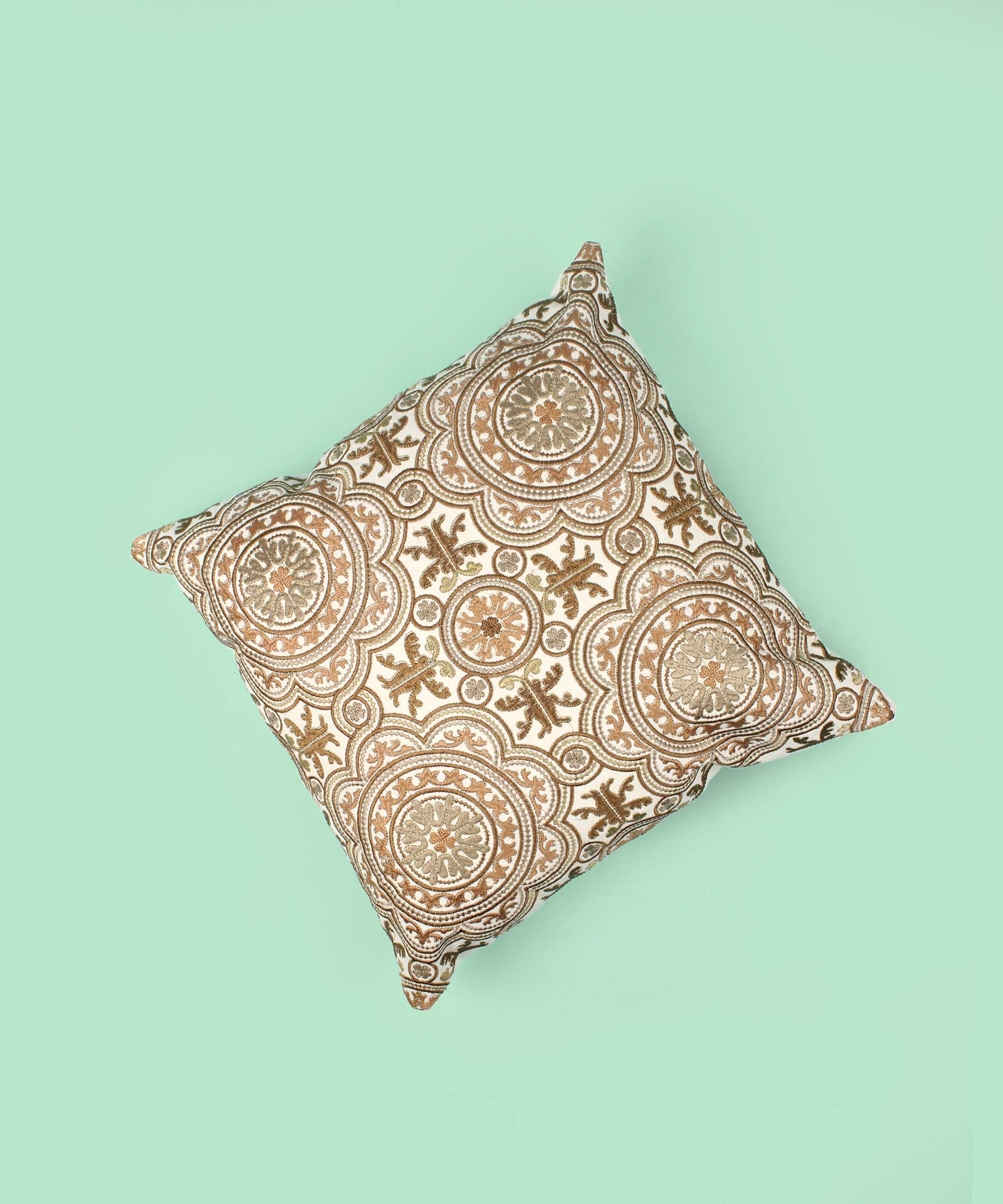 Beige & Taupe Floral Medallion Embroidered Cotton Cushion Cover