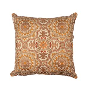 Beige & Mustard Floral Medallion Embroidered Cotton Cushion Cover