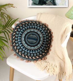 Blue Embroidered Round Cushion with Pom-Pom Border