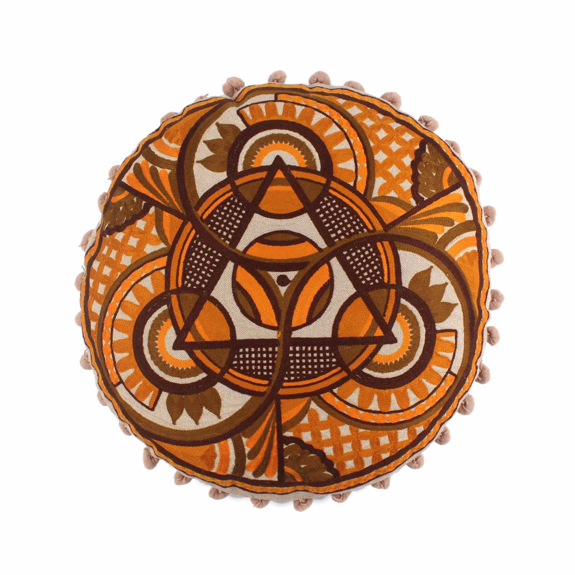 Mustard Yantra Embroidery Round Cotton Cushion