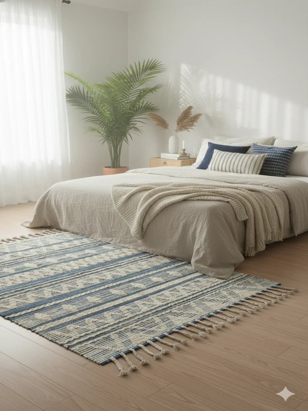 Blue and White Southwestern Tribal Patterned Flatweave Rug