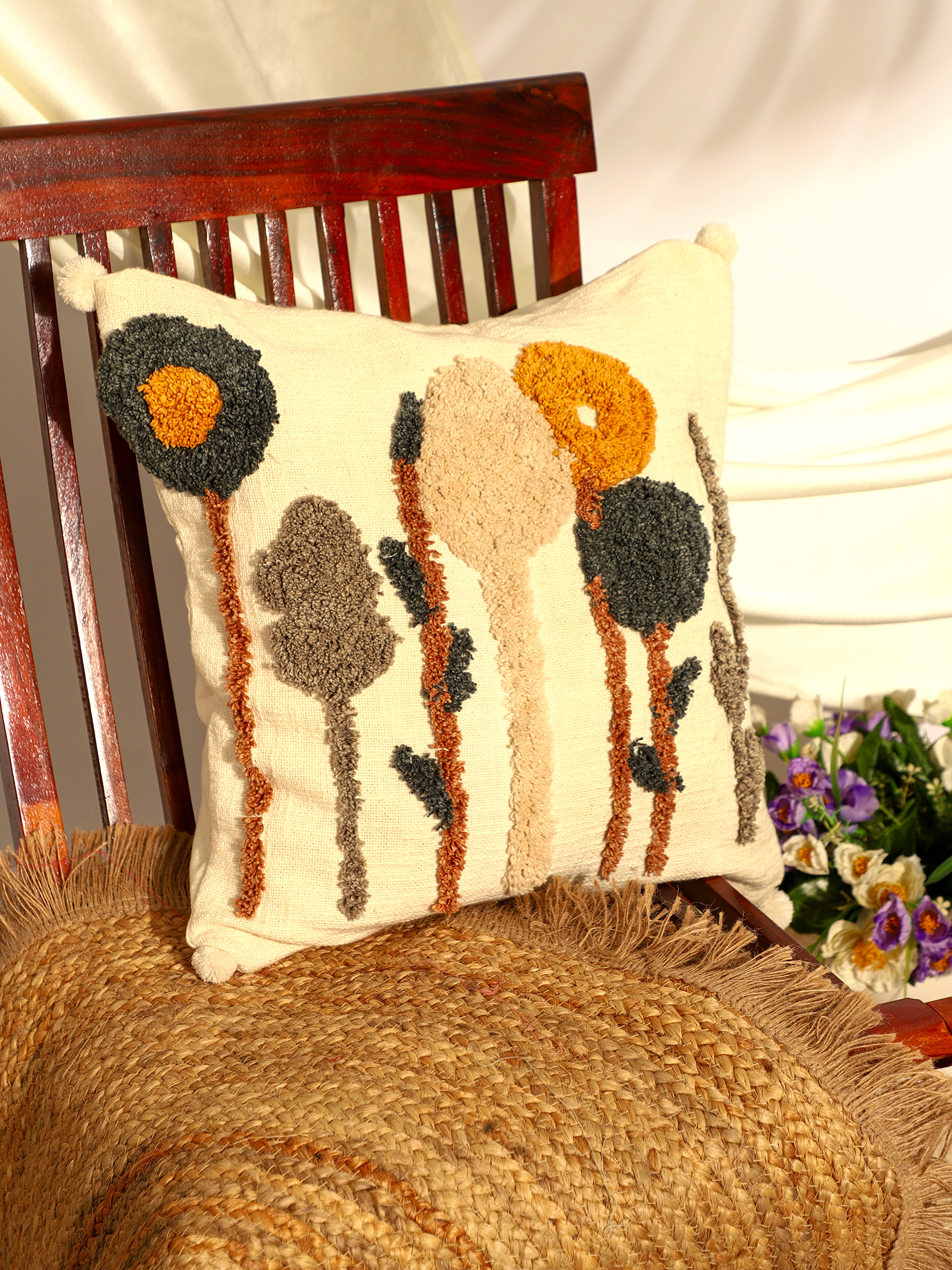 Boho Tufted Botanical Floral Cushion Cover