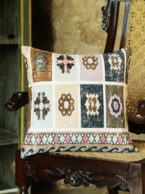 Vintage Ethnic Block Print Block-Grid Square Cushion Cover