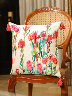 White Botanical Protea Print Square Cushion Cover