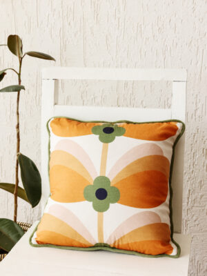 Retro Floral Print Square Cushion Cover in Mustard & Olive