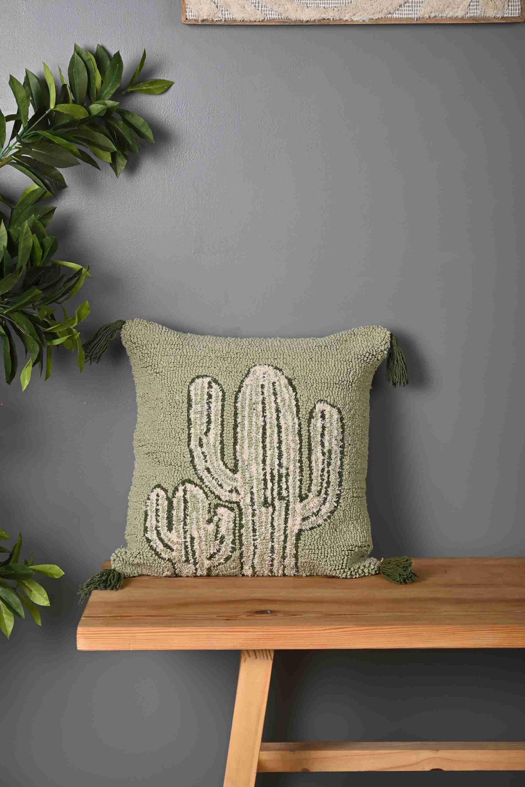 Green Truffted Cactus Design Cushion Cover