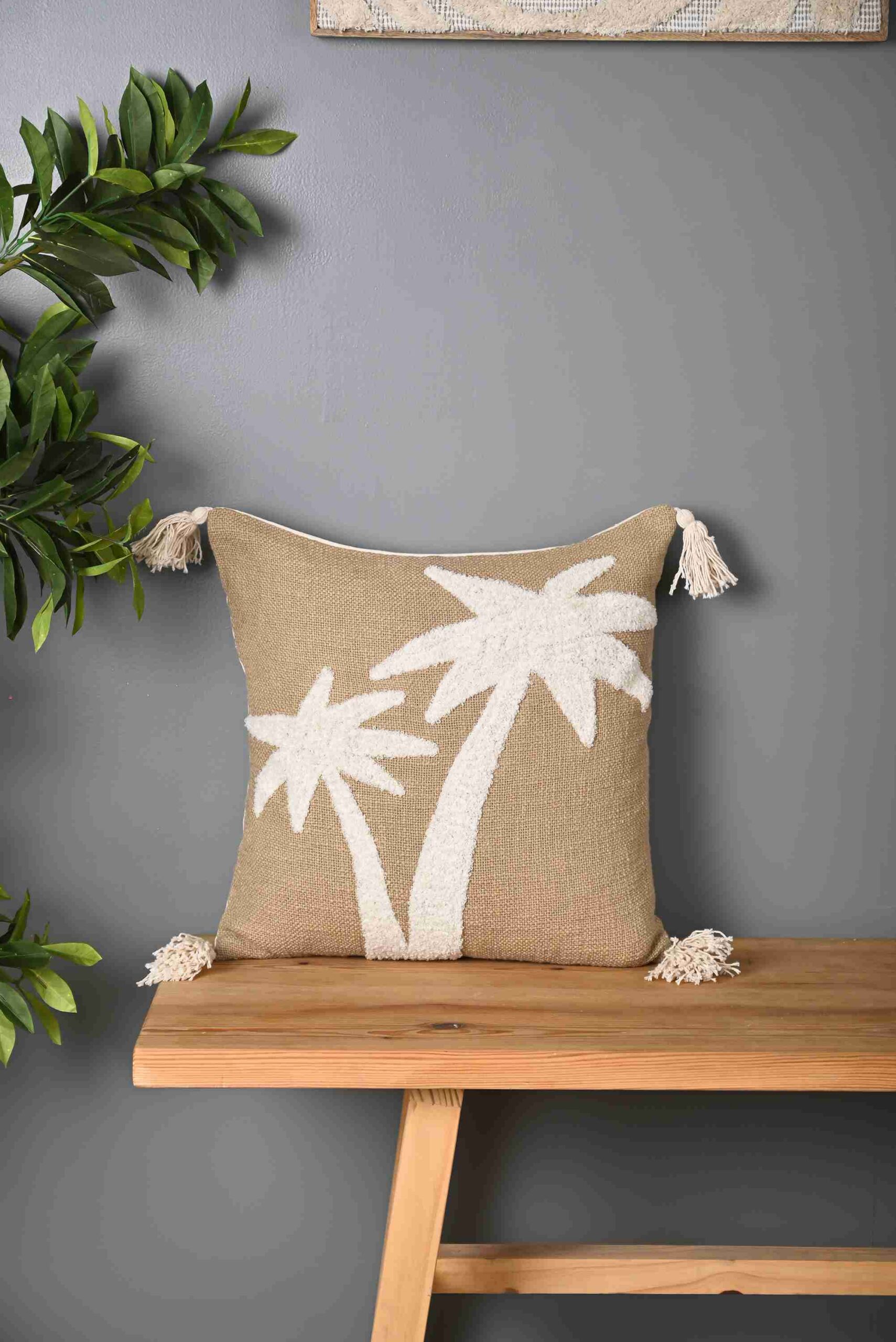 Beige Truffted Coconut Tree Design Cushion Cover