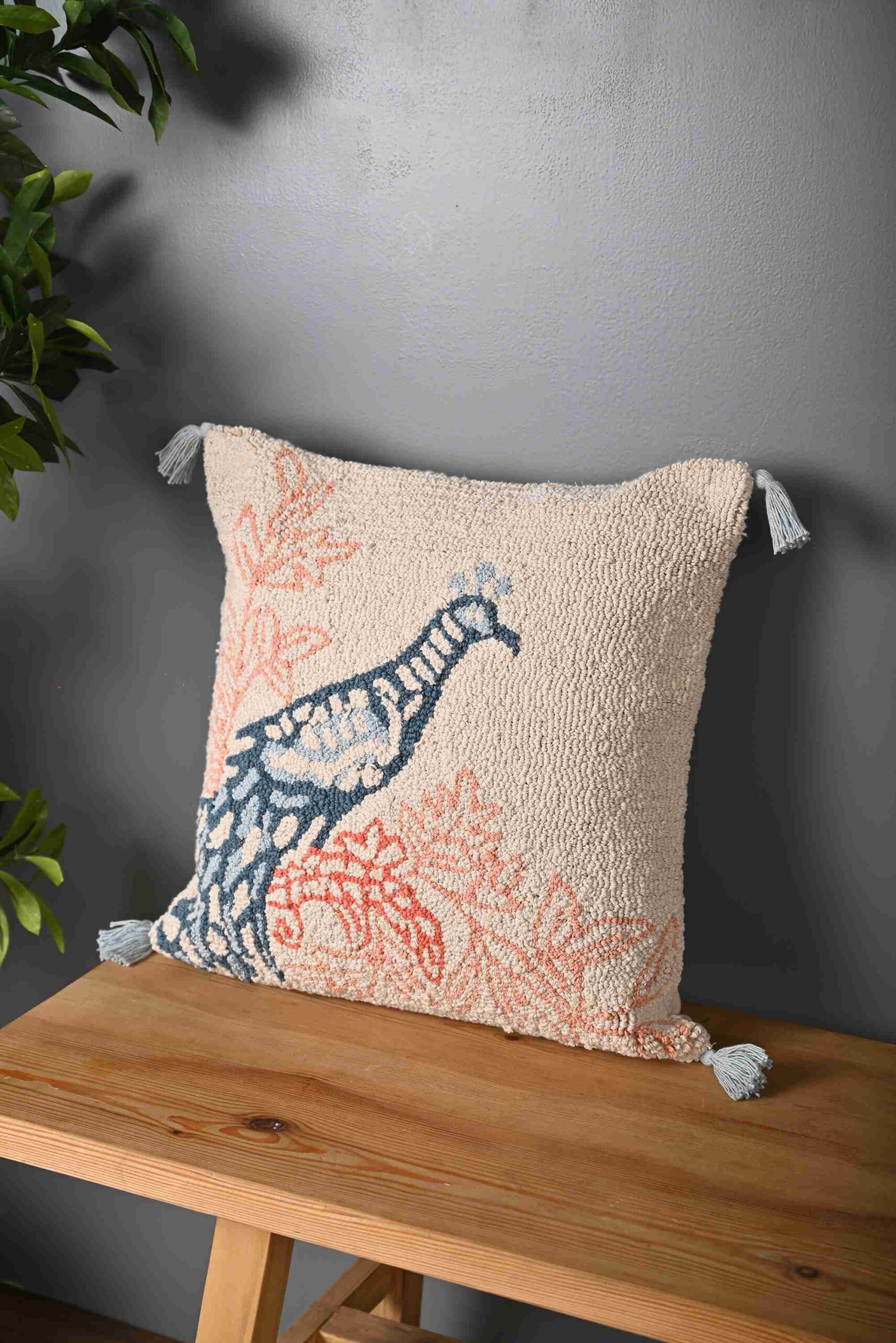 Peacock Design Cotton Truffted Cushion Cover