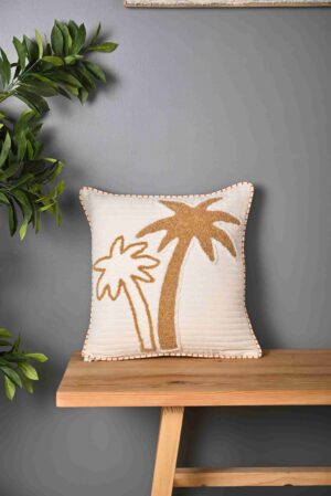 Beige Coconut Tree Design Truffted Cushion Cover