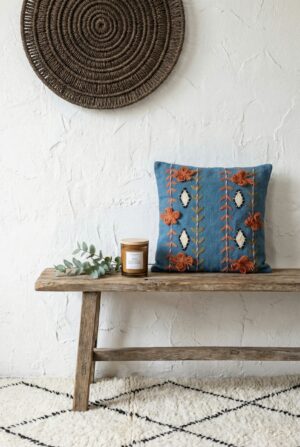 Blue Embroidered Squared Cotton Cushion Cover With Artistic Design