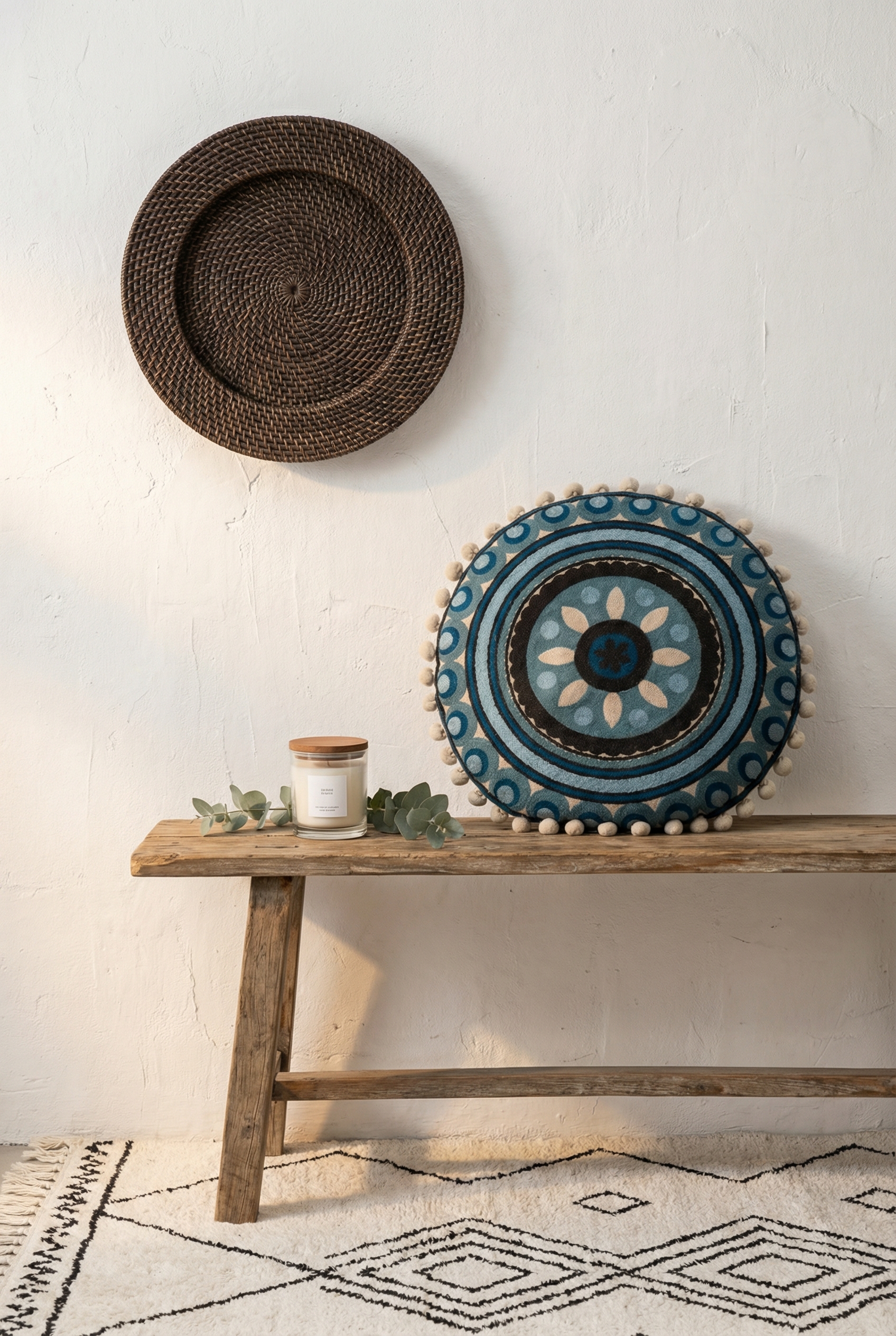 Blue Embroidered Round Cotton Cushion Cover With Pom-Pom Border