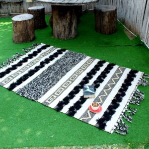Hand-Weaved Black Ruffle Cotton Rug With Zari Work