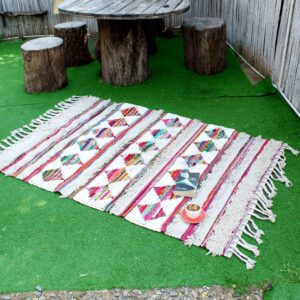 White and Multicolor Chindi Rag Rug for Bedroom or Patio