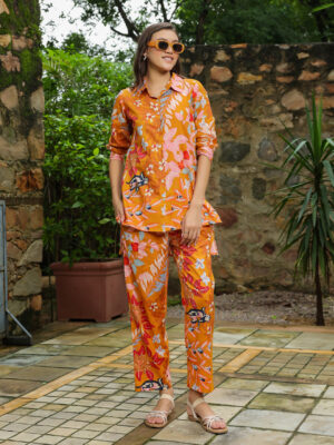 Orange Floral Printed Co-ords Set For Women