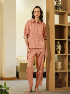Peach Shirt Collar Solid Pure Cotton Co-Ord Set For Women