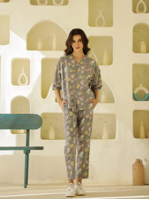 Grey Round Neck Printed Pure Cotton Co-Ord Set For Women