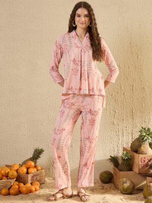 Peach V-Neck Printed Pure Cotton Co-Ord Set For Women