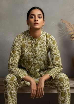 Olive Mandarin Collar Solid Pure Cotton Co-Ord Set For Women