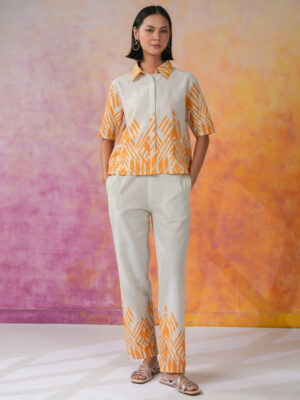White Shirt Collar Printed Pure Cotton Co-Ord Set For Women