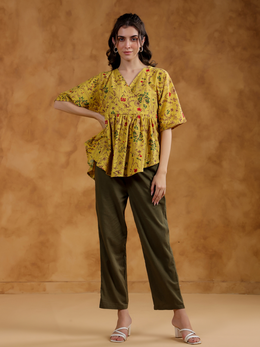 Yellow V-Neck Printed Pure Cotton Co-Ord Set For Women