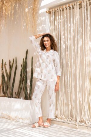 White Floral Print Cotton Co-ords Set For Women