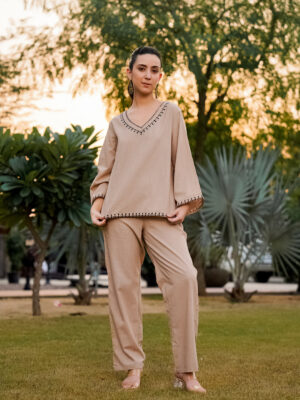 Beige V-Neck Solid Pure Cotton Co-Ord Set For Women