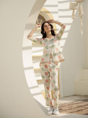 Off White V-Neck Printed Pure Cotton Co-Ord Set For Women