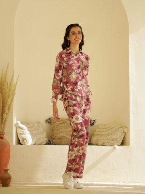 Mauve Shirt Collar Printed Pure Cotton Co-Ord Set For Women