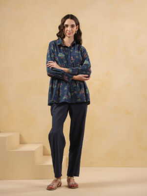 Navy Blue Shawl Neck Printed Pure Cotton Co-Ord Set For Women