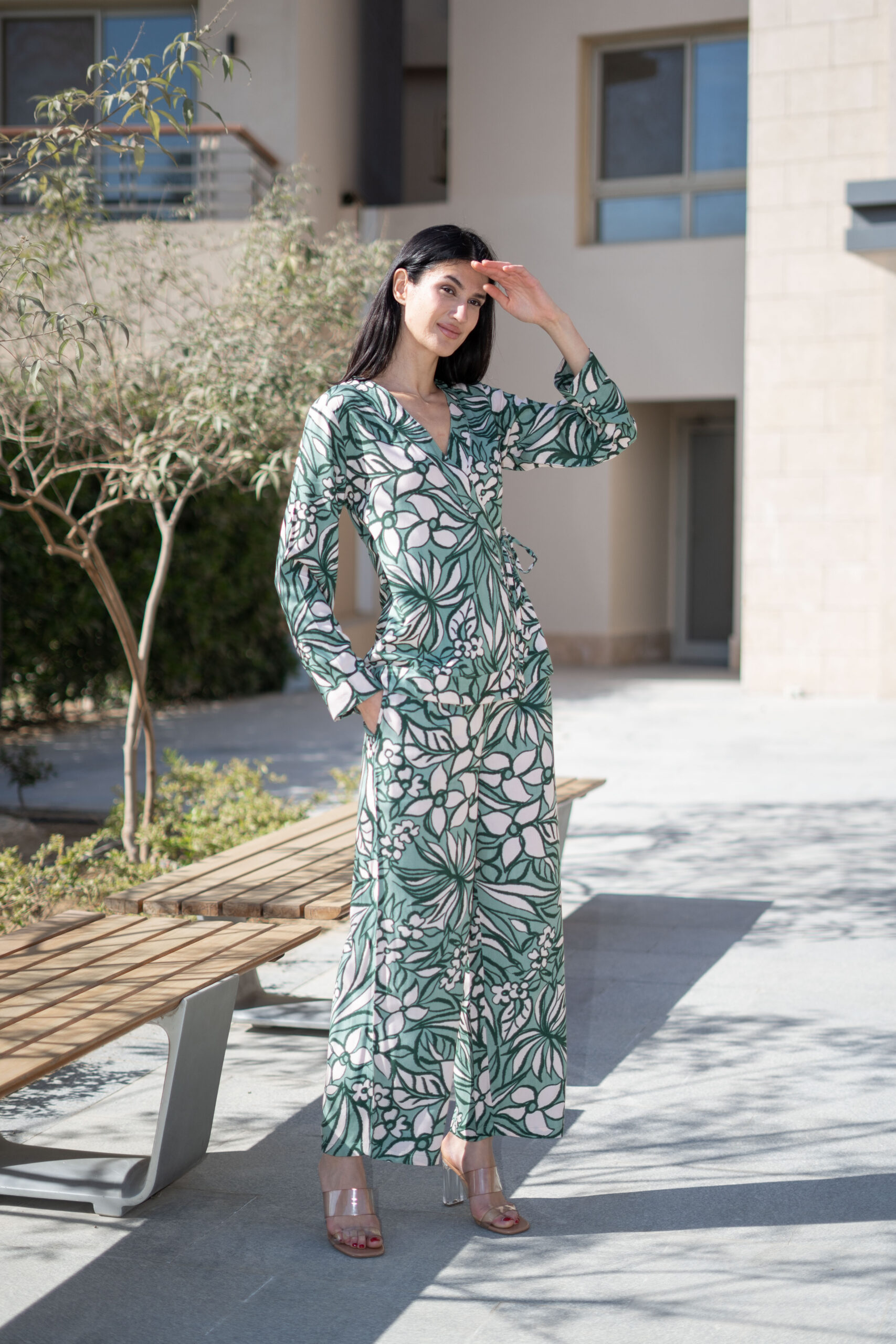 Sea Green V-Neck Printed Viscose Rayon Co-Ord Set For Women