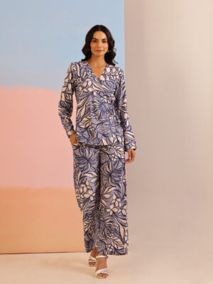Navy Blue V-Neck Printed Viscose Rayon Co-Ord Set For Women