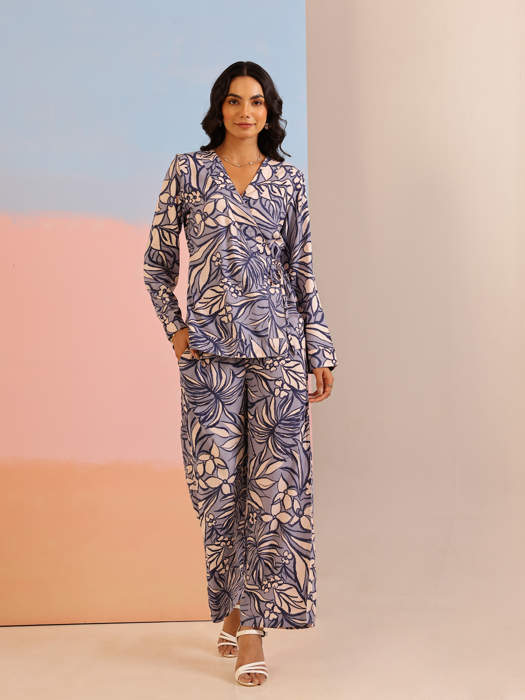 Navy Blue V-Neck Printed Viscose Rayon Co-Ord Set For Women