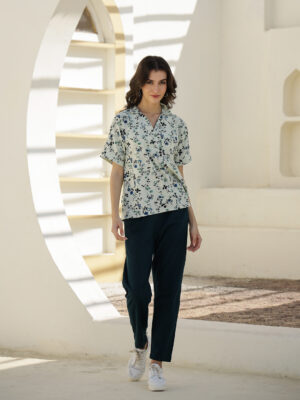 Green Shirt Collar Printed Pure Cotton Co-Ord Set For Women