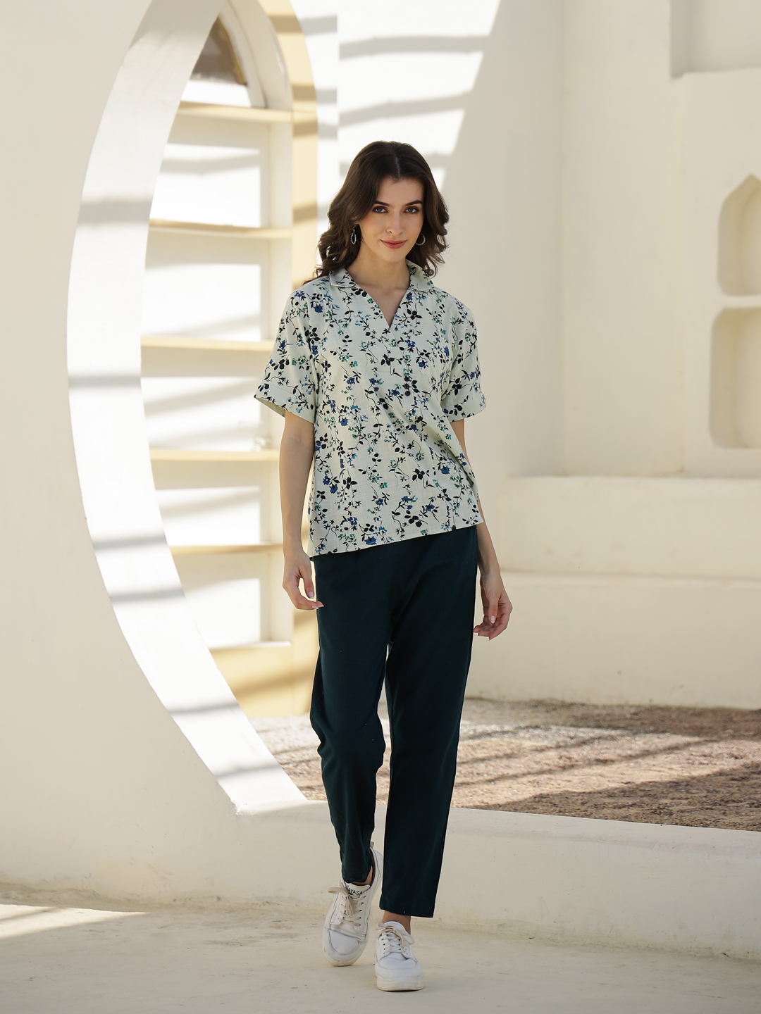 Green Shirt Collar Printed Pure Cotton Co-Ord Set For Women
