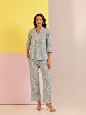 Blue V-Neck Printed Pure Cotton Co-Ord Set For Women