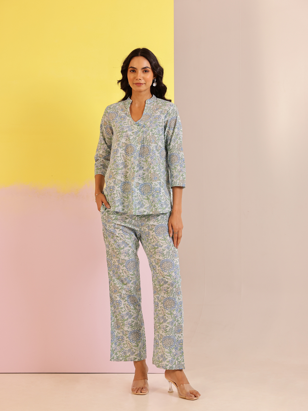 Blue V-Neck Printed Pure Cotton Co-Ord Set For Women