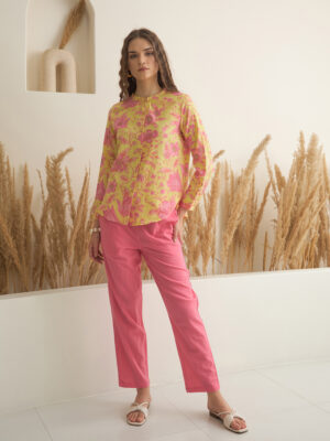 Mustard Mandarin Collar Printed Cotton Co-Ord Set For Women