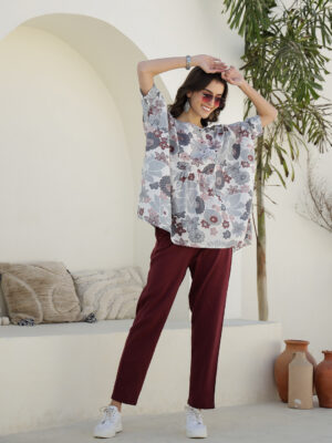 Burgundy Round Neck Printed Pure Cotton Co-Ord Set For Women
