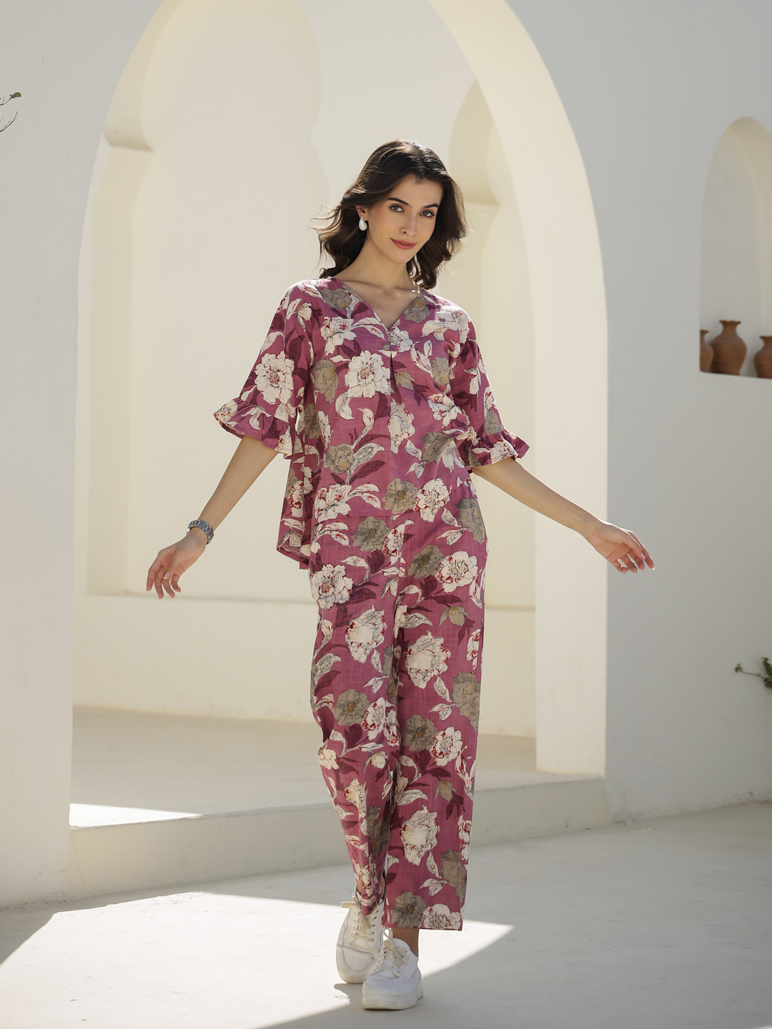 Mauve V-Neck Printed Pure Cotton Co-Ord Set For Women