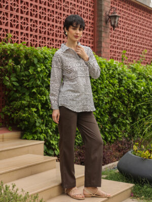 White Shirt Collar Printed Pure Cotton Co-Ord Set For Women
