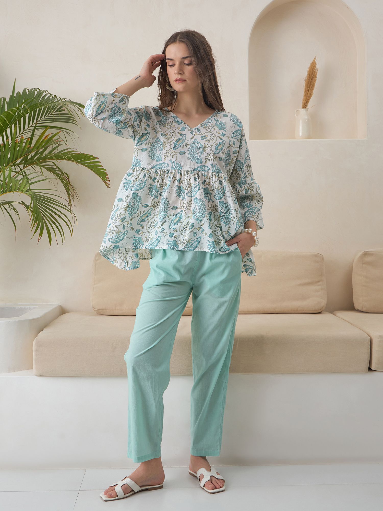 Blue V-Neck Printed Pure Cotton Co-Ord Set For Women